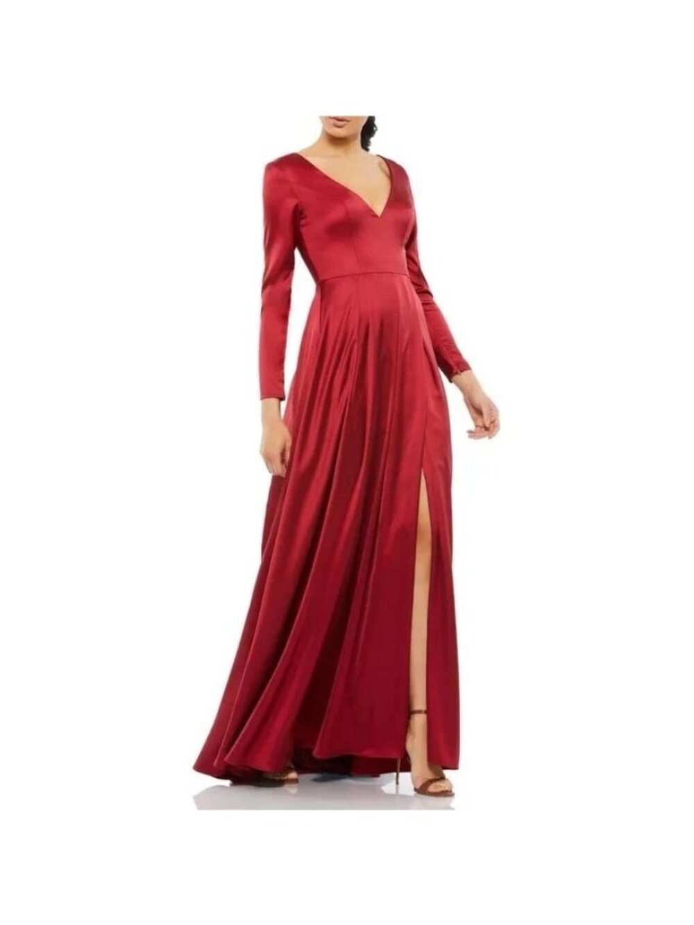 Mac Duggal Women's Wine Long Sleeve Satin Pleated Gown Dress Size 10